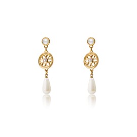 Clip On Earrings Gold Pearl Earrings Dangle Teardrop Earrings Long Chain Earrings Non Piercing Earrings for Women Girls Round Flower and Teardrop Shape Gifts for Wedding (Flower#1)