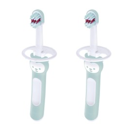 MAM Baby's Brush Set of 2 Short Handle Toothbrushes with Safety Ring for Babies 6 Months + Blue C148