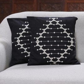 NOVICA Artisan Handmade Cotton Cushion Covers Patterned Black White Pair India Pillows Throws Geometric [15.75in L x 15.75in W] ' Starlit Galaxy' Pair