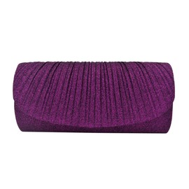 Premium Pleated Metallic Glitter Flap Clutch Evening Bag Handbag, Purple