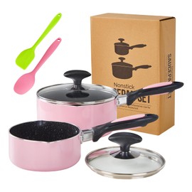 HooJay Nonstick Saucepan Set with Lid, Non Stick 1Qt & 2Qt Sauce Pan Set with Glass Lid Small Pot for Home Kitchen,Pink