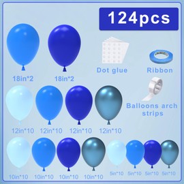 NISOCY 124Pcs Blue Balloons Garland Arch Kit, 18In 12In 10In 5In Baby Light Blue Royal Blue Metallic Blue Balloons for Baby Shower Birthday Baseball Nautical 4th of July Independence Party Decorations