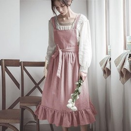 ODIZLI Cute Dress Apron for Women - Cotton Linen Japanese Frill Cross Back With Pockets - Maid Pinafore for Housewife Garden Cooking Baking Pottery Art Smock - Pink One Size