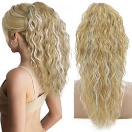 Ponytail Extension, Claw Clip on Pony tails Hair Extension for Women 18 Inch Long Wavy Curly Fake Ponytail Clip in Hair Pieces for Women Fluffy Natural Looking (Blonde with white Highlights, 18 Inch)