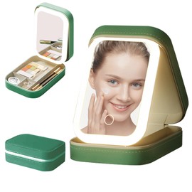 DAMIGHT LED Three-Color Adjustable Makeup Mirror, 2025 New Travel Makeup Bag with Mirror, Rechargeable Makeup Bag with Led Mirror,Organizer Bag Portable Makeup Box (Green)