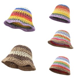 RUNQIU Hand-woven Straw Hat with Colorful Striped Design, Rainbow Sun Hat for Summer Vacation, UPF 50, UV Protection, Perfect as a Photo Tool, Wide Brim Firm Protection for UV Protection, Perfect for