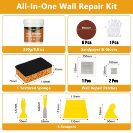 KURUI Drywall Repair Kit, 8.8oz Spackle Wall Repair Paste with Scraper, 6 Sandpaper Sheets & Self Adhesive Dry Wall Patch Kits, Easy Hole Filler for Drywall, Plaster and Home Repair