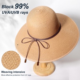 DRESHOW Womens Sun Straw Hat Bowknot Hat Summer Wide Brim Bucket Hats Foldable Beach Sun Hat Roll up UPF 50+