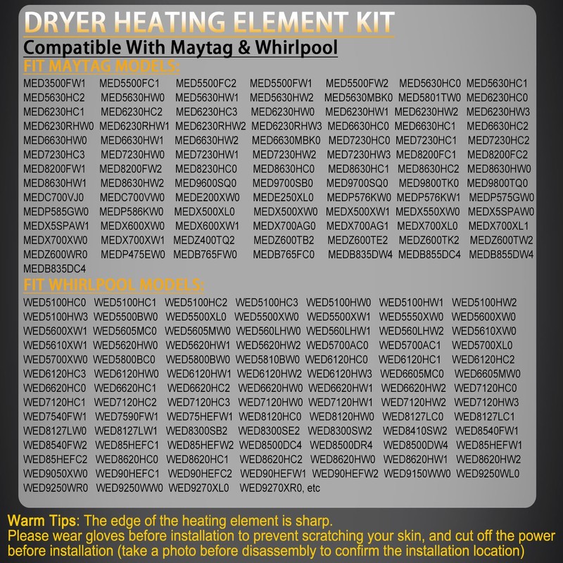 Dryer Heating Element Kit Replace for Maytag MEDB835DW4 MEDB835DC4 MEDB765FW0