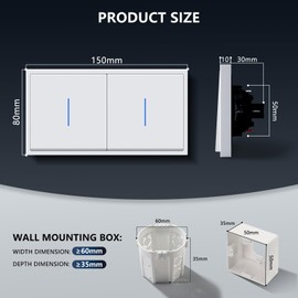 BSEED Flush-Mounted Light Switch, Button Switch with Plug-In Terminal, Single 1-Way + Single 1-Way Light Switch with LED Indicator Light, Double Switch with PC Frame, Flush-Mounted Switch, White, 150