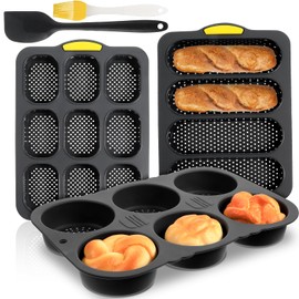 5 Pcs Silicone Hamburger Bread Mold Set, 4/6/9 Cavity Hamburger Bun Pans for Baking with Spatula Brush, Nonstick & Heat Resistant Burger Bun Mold