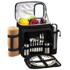 Picnic at Ascot Insulated Picnic Basket/Cooler Fully Equipped for 2 with Coffee Service and blanket - Black