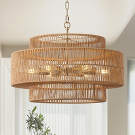 Giutna 23.6"Large Boho Rattan Farmhouse Chandeliers for Dining Room,6-Light Rattan Hand-Woven Rustic Drum Chandelier Pendant Light Fixture for Kitchen Island Bedroom Living Room Entryway Foyer(Brown)