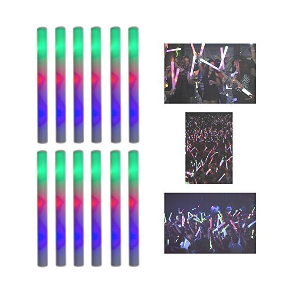 Super Z Outlet Upgraded Light up Foam Sticks, 3 Modes Colorful Flashing LED Strobe Stick for Party, Concert and Event (12 Pack)