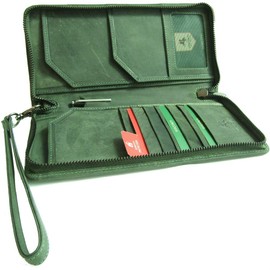 Visconti Wing Unisex Hunter Leather Travel Wallet for Passport ID Currency Card Pen Boarding Pass RFID Security Detachable Wrist Strap Style 728 (Oil Green)