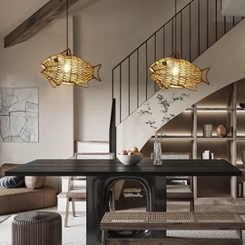 AyshwillDec Woven Pendant Light Boho Chandelier Fish-Shaped Rustic Farmhouse Chandelier Hemp Rope Light Rattan Light Fixture for Dining Room Living Room Bedroom Kitchen Foyer(Bulb Included)