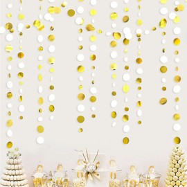 16 Metre White and Gold Circle, Polka Dot Paper Streamer, Hanging Decorations for Birthday, Bachelorette, Engagement, Anniversary, Wedding, Baby/Bridal Shower, Christmas, Holiday Party, Supplies