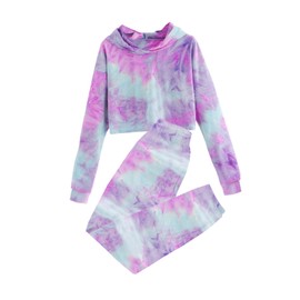 Meikulo - Conjuntos de 2 piezas para niñas, sudaderas con capucha y pantalones deportivos de manga larga, Tie Dye 2-púrpura y verde, 7-8 Años