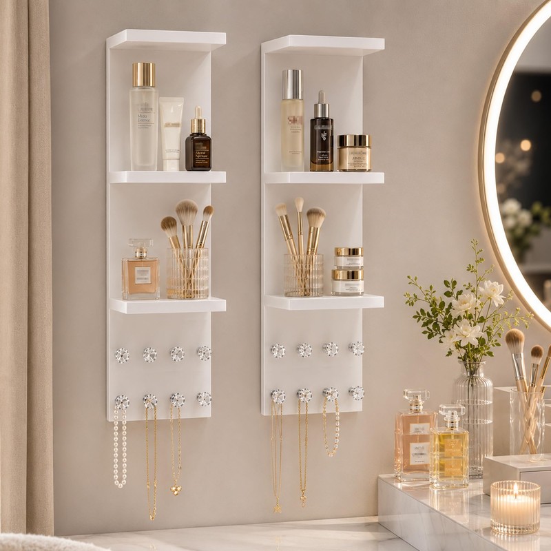 3 Tier White Floating Wall Vanity Shelf with 8 Crystal