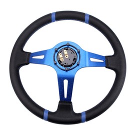 RASTP Universal Racing Steering Wheel,Deep Dish Steering Wheel Leather Embroidery 13.58”/345mm 6 Bolts with Horn Button Include Cable, Wrench,Blue