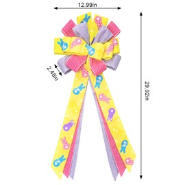Long Easter Wreath Bows, Yellow Purple Red Easter Rabbits Pattern Spots Burlap Easter Bows for Wreaths - Large Easter Burlap Tree Topper Bows for Holiday Front Door Wreath Decorations Indoor Outdoor