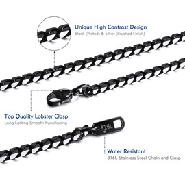 MOWOM Black Chain Necklace for Men Women Water Resistent 316L Stainless Steel Big Thick Cuban Link Chains Plated & Brushed finish Silver Color with Gift Box (5 MM Wide, 24 Inches Long)
