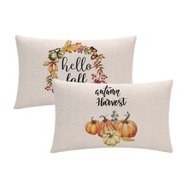 7COLORROOM Set of 2 Autumn Decorations Pumpkin Pillow Covers Autumn Harvest Pumpkin Wreath Rectangular/Waist Cushion Cover Farmhouse Hello Fall Decorative Pillowcases 12" x 20" for Sofa Couch Bed