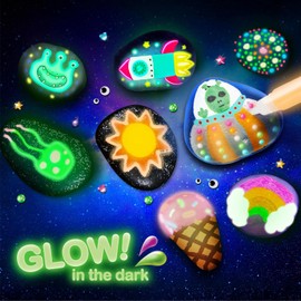 JOYIN Kit de pintura de 12 rocas que brillan en la oscuridad, 43 piezas de arte y manualidades para niños de 6 a 12 años, materiales de arte con 18 pinturas, Juguete de Navidad