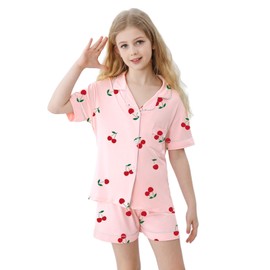 Umeyda Pajamas for Girls Set 3 Piece Sleepwear Button-Down Short Sleeve Pj Set Cute Loungewear, Cherry, 11-12 Years