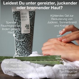 100% Vegan Bio Aloe Vera Gel 100 ml | Aloe Vera After Sun Balsam | Natürliches Aloe Vera & Teebaumöl | Kühlend & feuchtigkeitsspendend gegen Juckreiz, Sonnenbrand & Narben