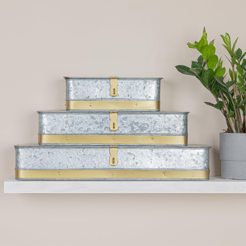 Creative Co-Op Nestable Rectangular Metal Storage Boxes with Hasp Lock,