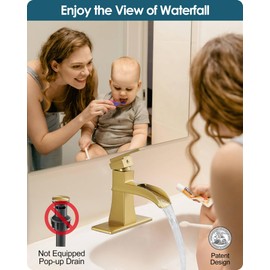 HOIGY Gold Bathroom Sink Faucet 1 Hole, Brass Waterfall Faucet for Bathroom Sink, 4 Inch 3 Hole Bathroom Faucet Single Handle, Bathroom Faucets with Deck Plate & Water Hoses, Not Included Pop-up Drain