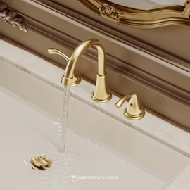 Phiestina 8 Inch 3 Hole 2 Handle Widespread Brushed Gold Bathroom Sink Faucet, Modern Bathroom Faucet with Metal Pop up Drain and Water Supply Lines, WFJC180-BG