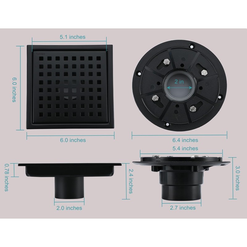 6 Inch Square Shower Drain Kit, Matte Black 304 Stainless