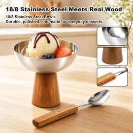 Lonshield Stainless Steel Dessert Bowls Set of 4 with Wooden Base & Spoons, 4.5in Large 18/8 Serving Bowls, Dishwasher Safe for Fruit & Appetizers