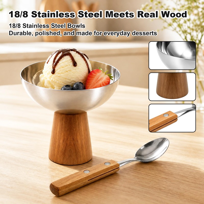 Lonshield Stainless Steel Dessert Bowls Set of 4 with Wooden