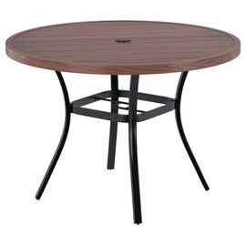 VICLLAX Round Patio Dining Table, 42 inch Metal Outdoor Dining Table with Umbrella Hole for Garden Lawn Balcony Deck, Walnut