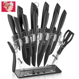 D.Perlla Knife Set, D.Perlla 16 Pieces Black Kitchen Knife Set with Acrylic Stand, High Carbon Stainless Steel, BO Oxidation Knife Block Set, No Rust, Non Slip Handle, Sharp Knife - Color: Multicolor