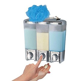 Better Living Clear Choice Shower Dispenser 3 Chamber, Wall Mount Shower Soap Pump Dispenser for Bathroom Hotel Body Wash, No Drill Adhesive, Waterproof Dispenser, 3 x 14.2 oz, Chrome