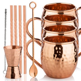 Moscow mule copper mugs set of 4 - copper jigger, twisted copper straws, copper bar spoon come with 4x16 oz copper mugs. Complete moscow mule kit. Moscow mule gift set for 7th aniversary wedding.