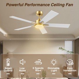 Livory 52" Smart Ceiling Fan with LED Lights Remote,Quite DC Motor,Voice Control via Alexa Google WIFI Phone,Outdoor Indoor Modern Ceiling Fans,Dimmable,for Bedroom Patio Porch,Gold and White Black