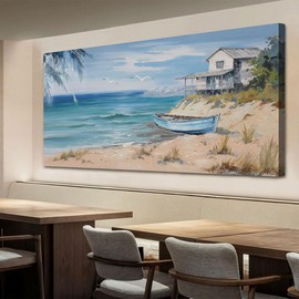Arjun Blue Coastal Wall Art Beach Sailboat Turquoise Picture Seascape House Painting, Palm Tree Tropical Ocean Sea Framed Artwork for Living Room Bedroom Office Home Wall Decor Extra Large 58"x29"
