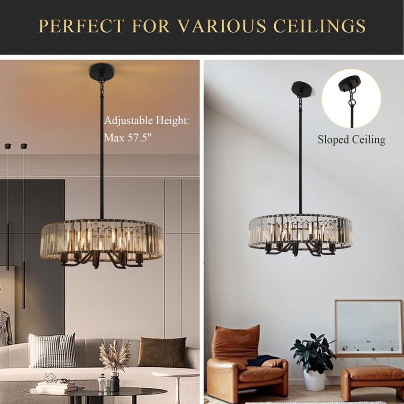 Black Crystal Chandelier for Dining Room, 6-Light Modern Semi Flush