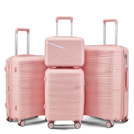 Campfun Luggage 4 Piece Sets, Expandable Carry On Luggage Set Hardshell PP, Suitcase Set with Double Spinner Wheels, Checked Durable Lightweight with TSA Lock, 14in 20in 24in 28in-Pink(C)