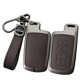 ontto 4 buttons Key Fob Cover Fit for Toyota RAV4 Sequoia Highlander Avalon Corolla Camry 2012-2022 Smart Alloy Leather Key holder Shell case keyring keychain protector accessories Brown A