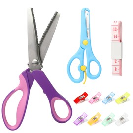 Decorative Edge Sewing Scissors Set- Fabric Decorate Craft Scissors Purple, Dressmaking Shears Professional with 8 Sewing Clips, Pinking Shears Fabric with Tape Measure for Tailor Sewing