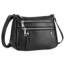befen Black Genuine Leather Small Crossbody Bags Purses for Women Pocketbooks Shoulder Purse Satchel Bag with Multi Zipper Pockets