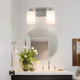 huong son Milk Glass Bathroom Vanity Light Over Mirror, 2 Light Brushed Nickel Bathroom Light Fixtures with Frosted Glass, Modern Vanity Lighting Wall Mount