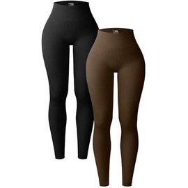 Women's 2 Piece Yoga Leggings Ribbed Seamless Workout High Waist Athletic Pants Size Large Black, Coffee