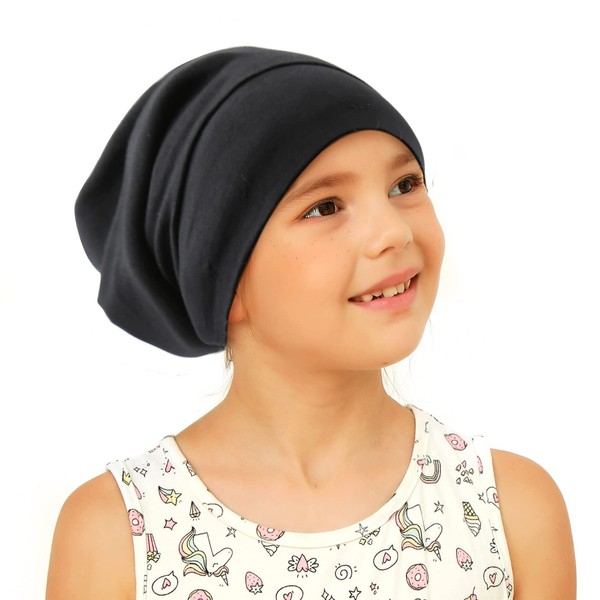 sent hair Kids Satin Lined Bonnet Hair Cover Sleep Cap Adjustable Slouchy Beanie for Night Sleeping Bonnet for Kids,Teens Childs,Toddlers(4-10 Years Old,Black)